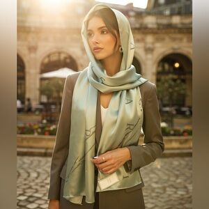 Trussardi NWT COA Silk Sage Green Letter Long Scarf Quiet Luxury Rare Collect